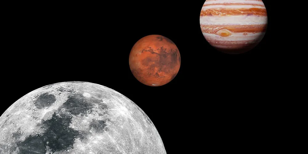 Representação artística da Lua em conjunção com Marte e Júpiter