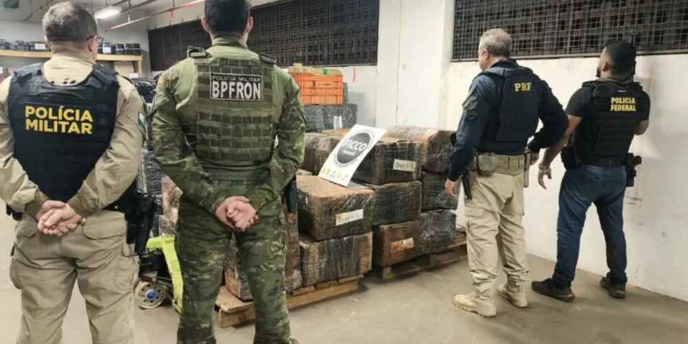 Agentes da FICCO acompanham contagem dos fardos apreendidos em caminhão com maconha na BR-277