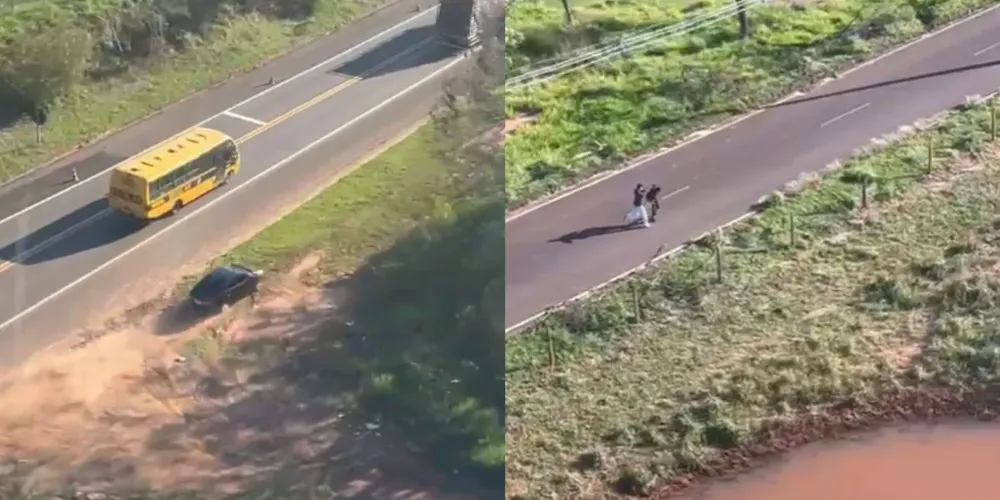 Os ocupantes do veículo, ambos adolescentes de 17 anos, abandonaram o automóvel e tentaram fugir por uma área de mata