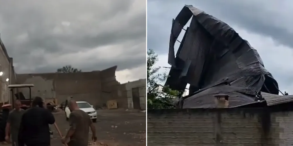 Imagens mostram parte da cobertura de um barracão arrancada durante o temporal