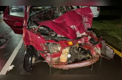 Com a força da batida, o carro ficou com a parte frontal completamente destruída