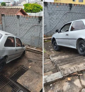 Carro cai em desnível de pátio de posto de combustíveis em Telêmaco Borba