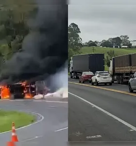 Caminhão tomba, pega fogo e bloqueia totalmente a BR-376 no Paraná; vídeo