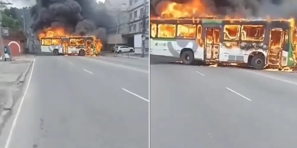 Ônibus em chamas atravessado na Avenida Monsenhor Félix durante bloqueio na zona Norte do Rio