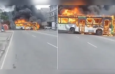 Ônibus em chamas atravessado na Avenida Monsenhor Félix durante bloqueio na zona Norte do Rio