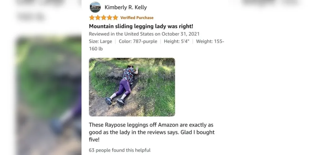 Inspirada pela análise de Cory, uma outra usuária do mesmo site de marktplace, chamada Kimberly, postou sua própria análise sobre as mesmas leggings