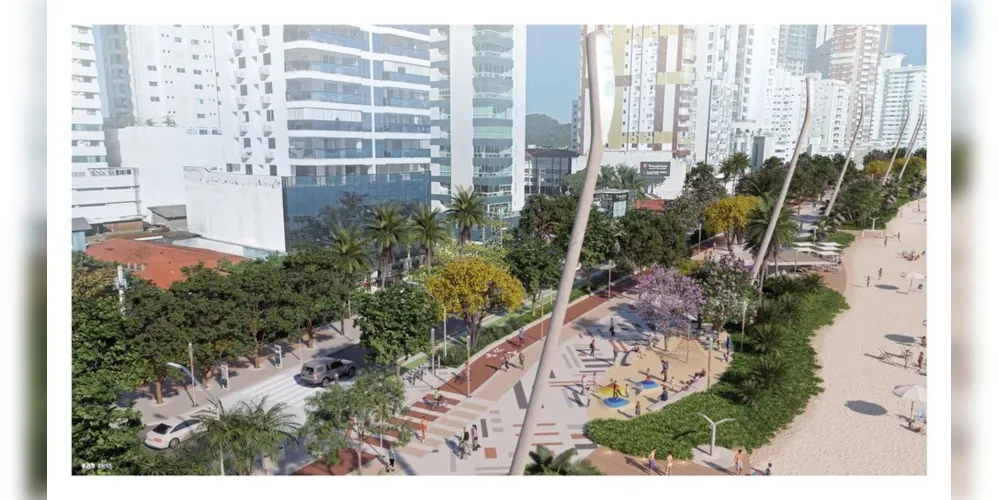 Imagem de projeto de reurbanização da Praia Central, em Balneário Camboriú, com árvores, postes de iluminação e calçadão