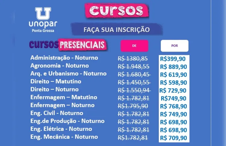 Unopar - Cursos e Valores  Bolsas a partir de R$ 75,65