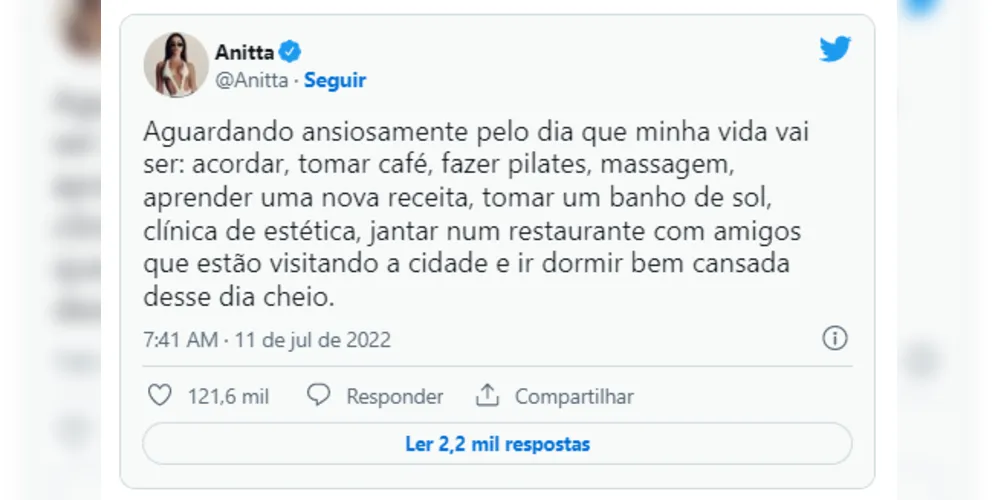 Imagem ilustrativa da imagem Anitta detalha vida dos sonhos e é criticada na web