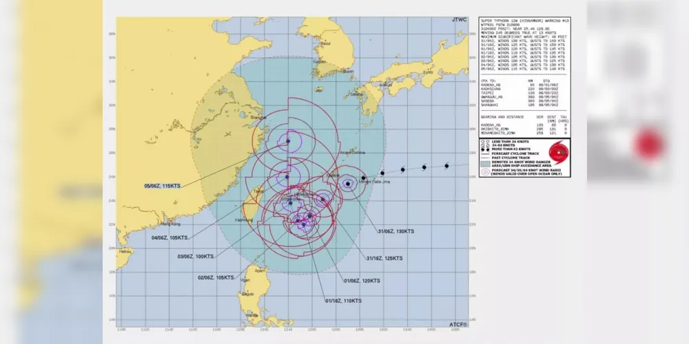 Hinnamnor avança para Oeste, passarÁ por ilhas ao Sul do Japão e pode rumar para a Coréia do Sul