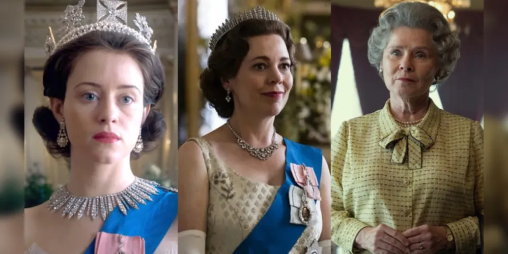 Claire Foy, Olivia Colman e Imelda Staunton como Rainha Elizabeth II em The Crown