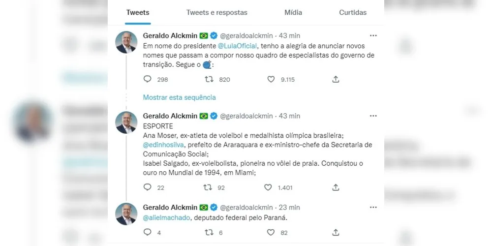 O vice-presidente eleito, Geraldo Alckmin (PSB), confirmou o nome de Aliel em publicação nas redes sociais.