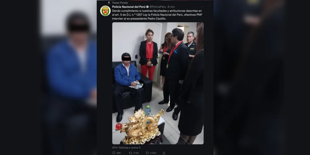 Tweet apagado da Polícia Nacional do Peru após a detenção de Castillo