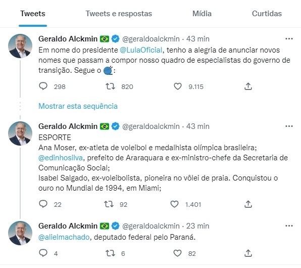 O vice-presidente eleito, Geraldo Alckmin (PSB), confirmou o nome de Aliel em publicação nas redes sociais.