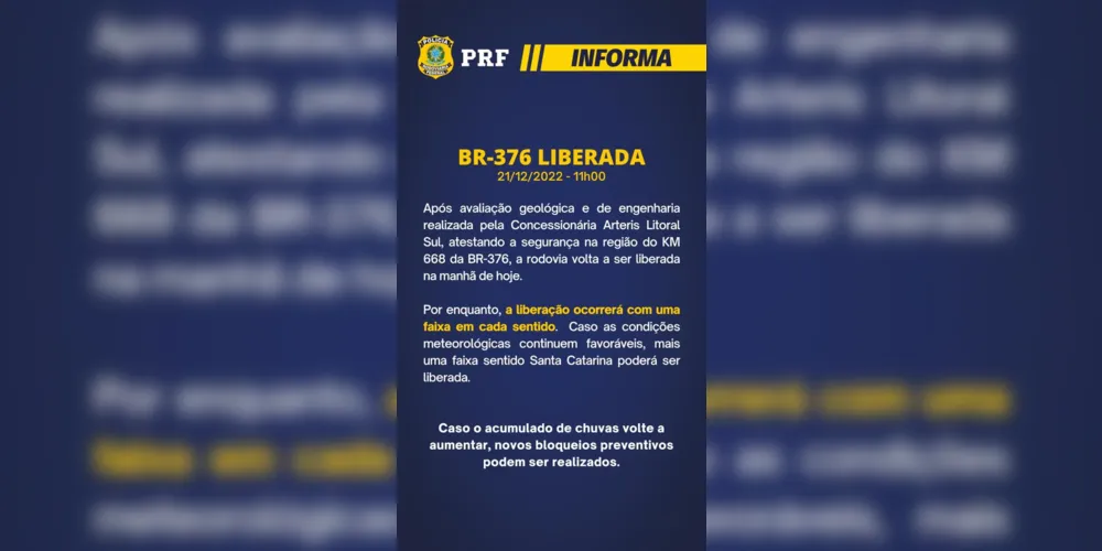 Nota foi encaminhada à imprensa sobre a liberação parcial da rodovia