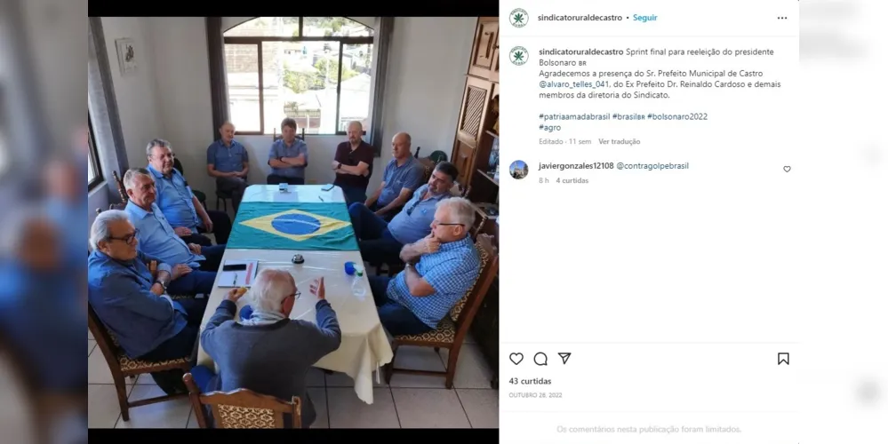 Reunião da entidade em apoio ao ex-presidente Jair Bolsonaro. "Sprint final para reeleição do presidente Bolsonaro", diz a legenda da publicação.