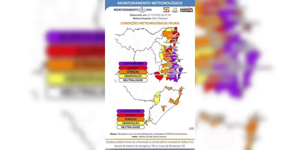 Nos municípios em roxo há risco máximo para deslizamentos, segundo classificação da Defesa Civil &#8211; Foto: Defesa Civil
Nos municípios em roxo há risco máximo para deslizamentos, segundo classificação da Defesa Civil