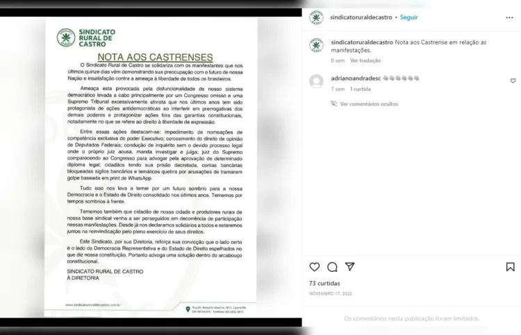 Nota do sindicato em "solidariedade" aos manifestantes que protestaram após as eleições.