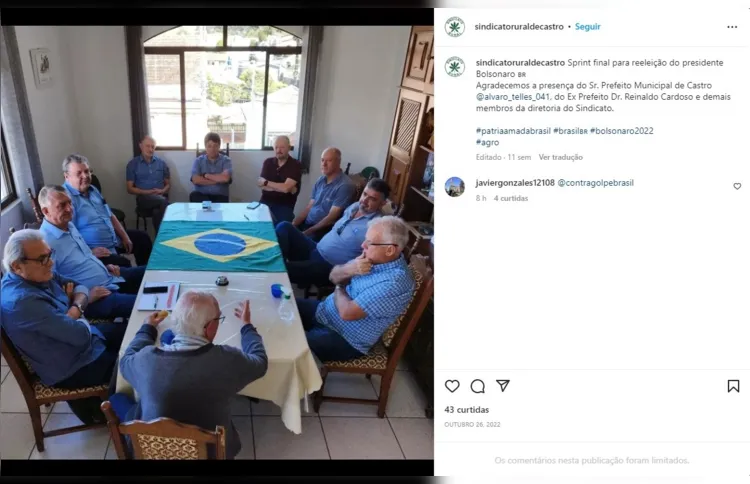 Reunião da entidade em apoio ao ex-presidente Jair Bolsonaro. "Sprint final para reeleição do presidente Bolsonaro", diz a legenda da publicação.