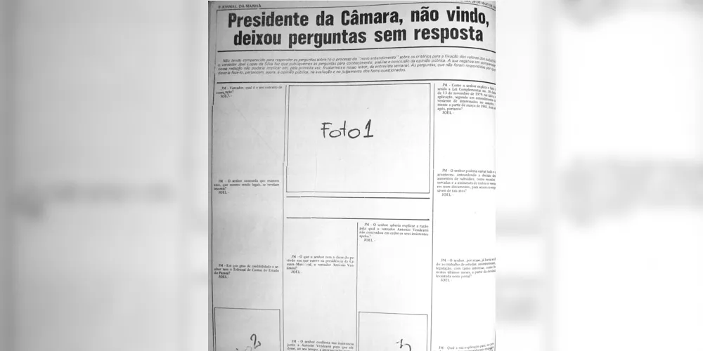 Folha central do JM no dia 20 de maio de 1979. Os espaços deixados propositalmente em branco configuraram uma estratégia de protesto adotada pelo jornal contra a ausência do convidado para a principal matéria daquela edição