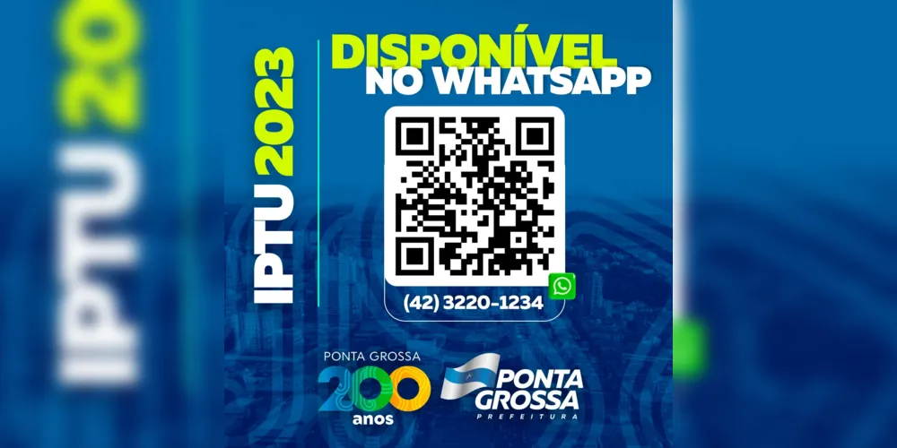 A consulta e o pagamento de débitos do IPTU 2023 podem ser feitos via Whatsapp pelo (42) 3220-1234