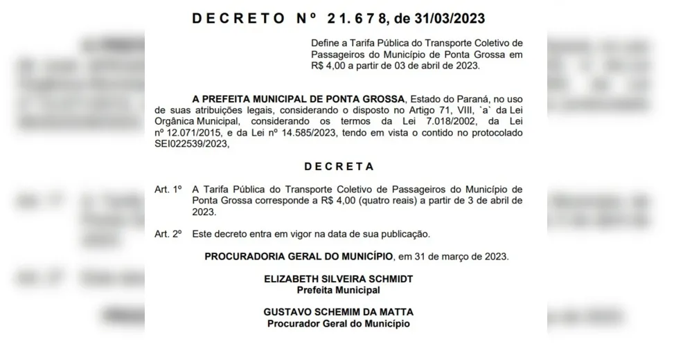 Decreto nº 21.678 foi publicado no Diário Oficial de Ponta Grossa da última sexta-feira (31)