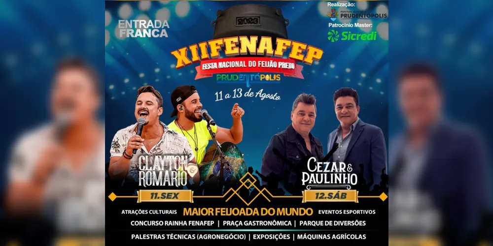 Além dos shows, estão previstas atrações culturais, praça gastronômica, parque de diversões, eventos esportivos e a realização do concurso Rainha Fenafep