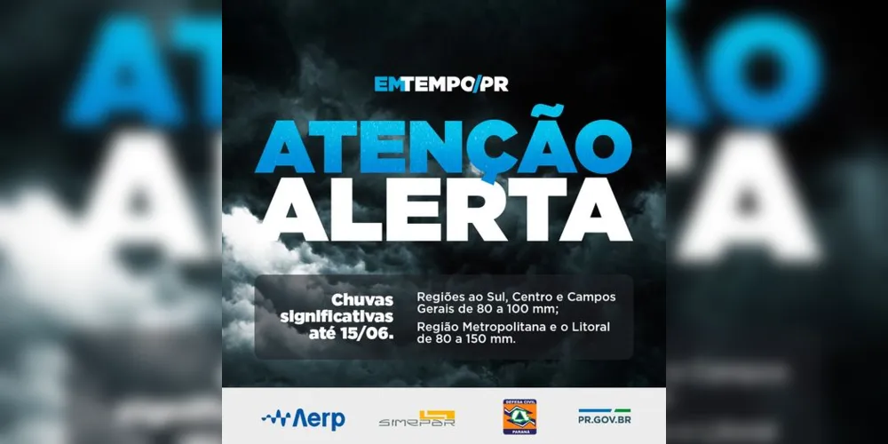 Alerta foi emitido na tarde deste sábado pelo Governo do Estado
