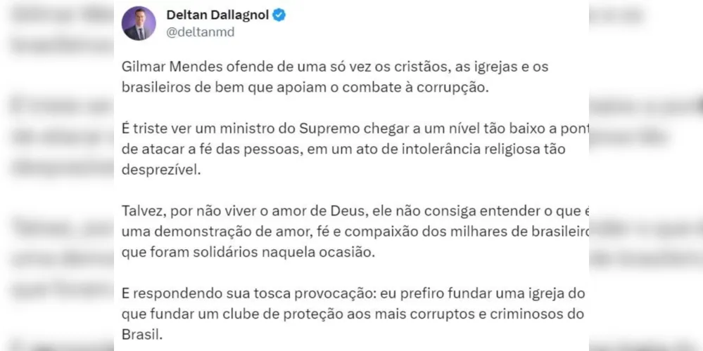 Imagem ilustrativa da imagem Deltan Dallagnol acusa Gilmar Mendes de intolerância religiosa