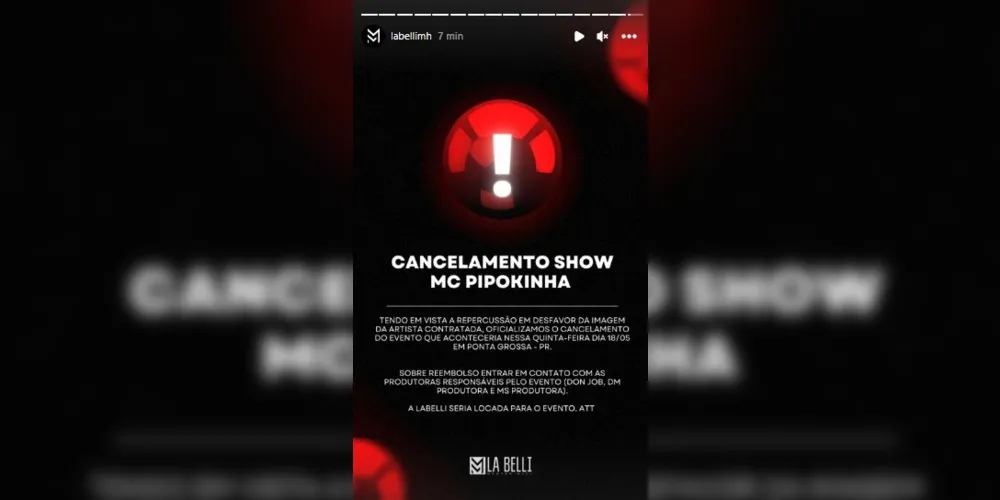 Comunicado justifica que o cancelamento ocorreu por conta da “repercussão em desfavor da imagem da artista contratada”