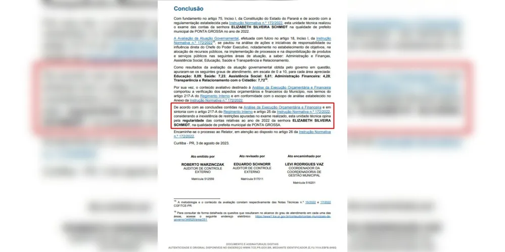 Documento do TCE que mostra a aprovação das contas da prefeita Elizabeth