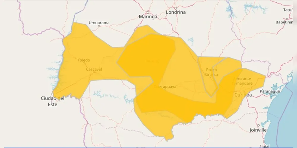 Pontos em amarelo no mapa devem receber grandes quantidades de chuva