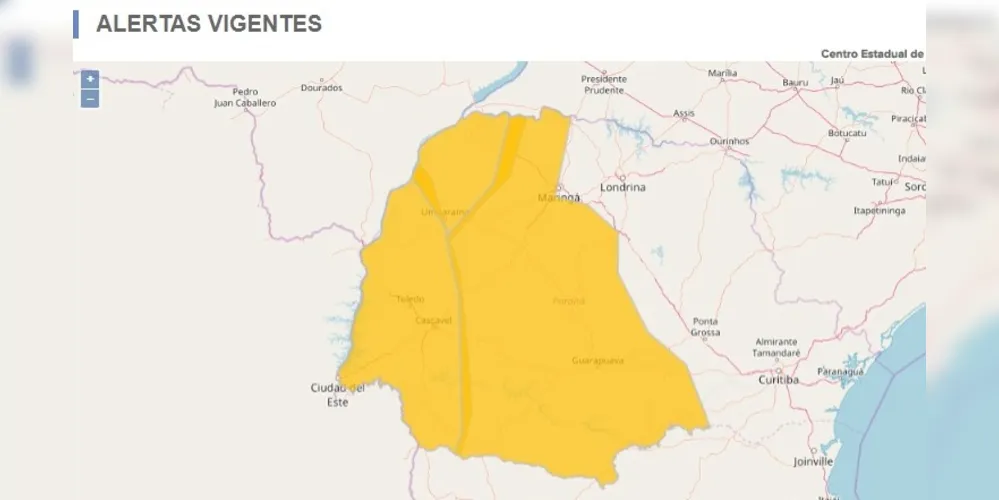 O comunicado emitido pelo órgão de segurança também inclui toda a região oeste e parte das regiões norte e sul do Paraná