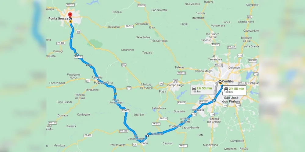 Rota alternativa é o desvio no km 123 seguindo por Araucária/Lapa/Porto Amazonas/ BR 277