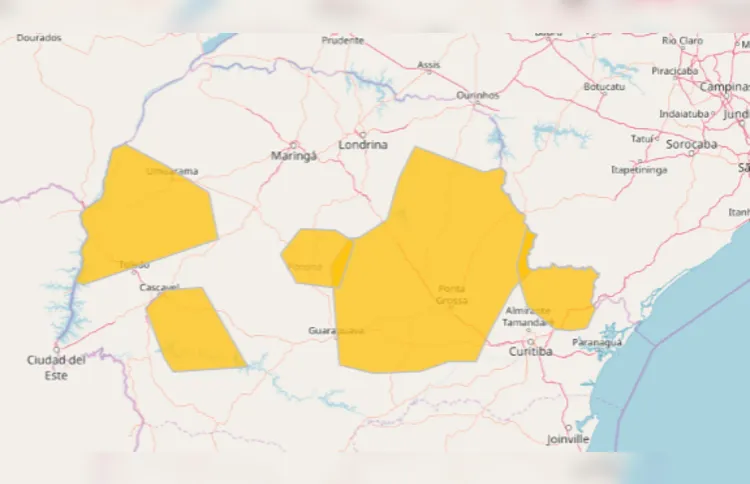 Imagem mostra locais do Paraná que estão em alerta