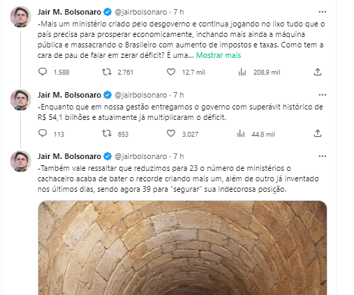 Bolsonaro fez as declarações na rede social 'X'