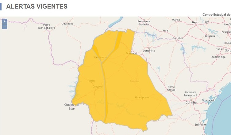 O comunicado emitido pelo órgão de segurança também inclui toda a região oeste e parte das regiões norte e sul do Paraná