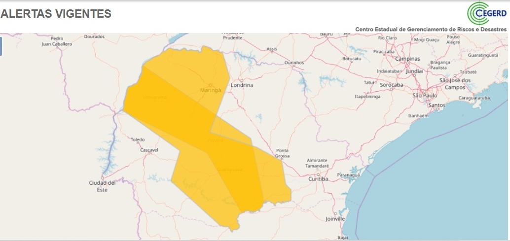 Entre as regiões do estado que podem ser afetadas por temporais nas próximas horas estão Centro-Sul (Região de Irati) e Campos Gerais