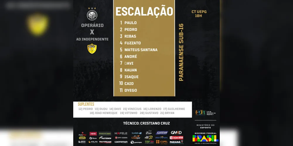 Confira a escalação utilizada pela equipe sub-16 do Operário