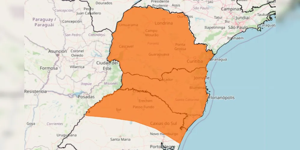Alerta de temporal é válido para a Região Sul do Brasil, principalmente Paraná e Santa Catarina