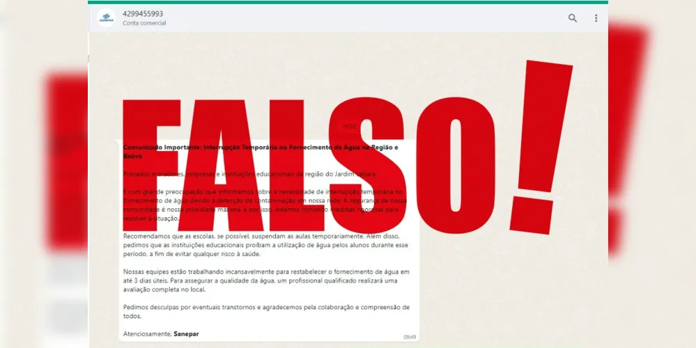 Sanepar esclarece que este tipo de conteúdo é falso e inverídico e que já está tomando providências jurídicas