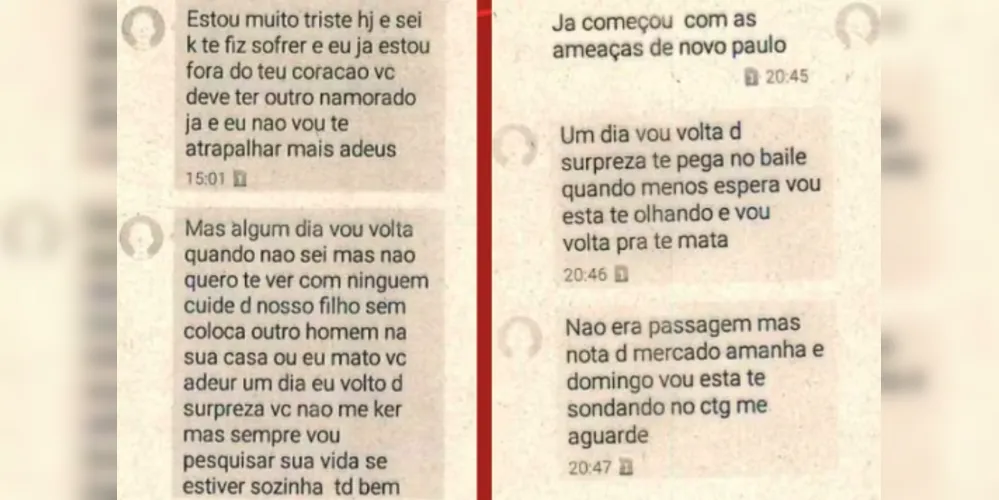 Prints de mensagens enviadas à ex-companheira do suspeito.
