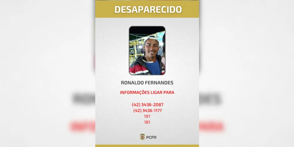 Ronaldo Fernandes, de 21 anos, está desaparecido desde 22 de dezembro de 2023