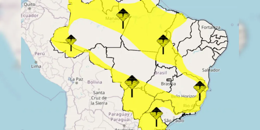 Confira o mapa com as regiões que poderão ser atingidas pelas chuvas