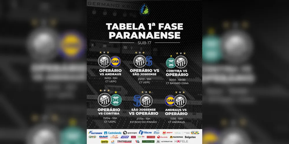 Confira a tabela completa do Operário no Campeonato Paranaense Sub-17.