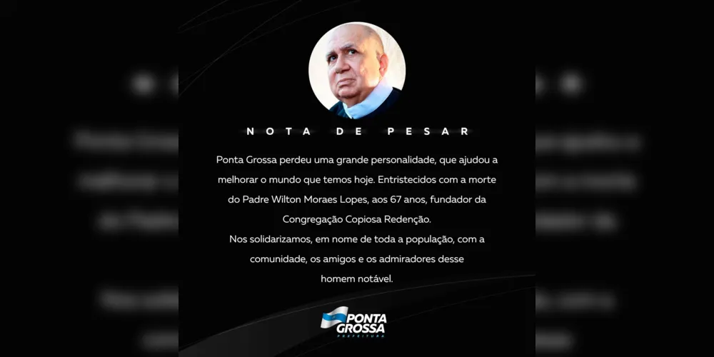 Nota de Pesar publicada pela Prefeitura de Ponta Grossa em suas redes sociais