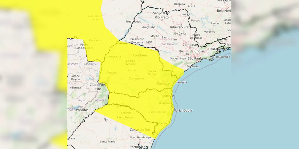 Alerta amarelo emitido pelo Inmet para a região sul do Brasil nesta segunda-feira (4)
