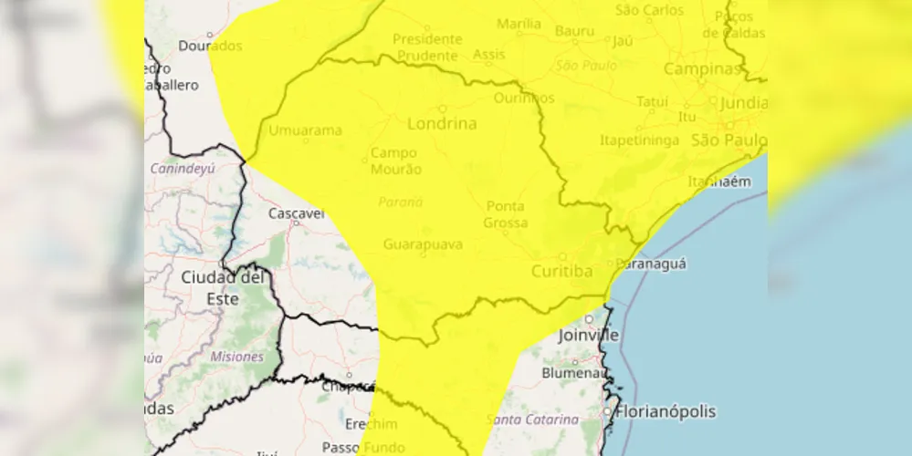 Alerta amarelo para chuvas intensas no Paraná nesta segunda-feira (18)