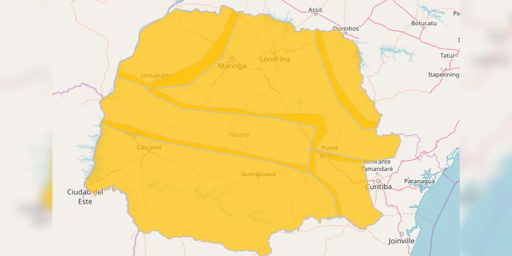 Alerta amarelo para o estado do Paraná, nesta quinta-feira (21).