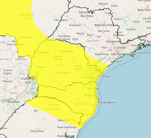 Alerta amarelo emitido pelo Inmet para a região sul do Brasil nesta segunda-feira (4)